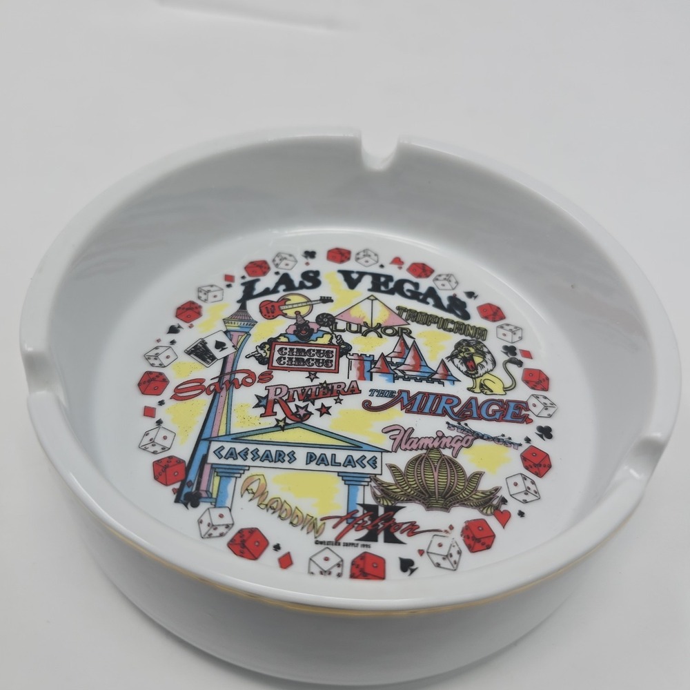 Downtown Las Vegas Souvenir Ashtray FLAMINGO MIRAGE TROPICANA RIVIERA SANDS DICE